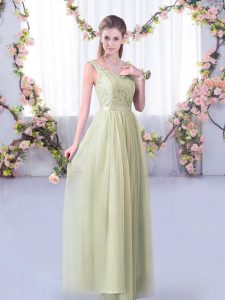 Admirable Yellow Green V-neck Side Zipper Lace and Belt Bridesmaid Dress Sleeveless