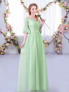 Artistic Apple Green Empire Scoop Half Sleeves Tulle Floor Length Side Zipper Lace and Belt Damas Dress