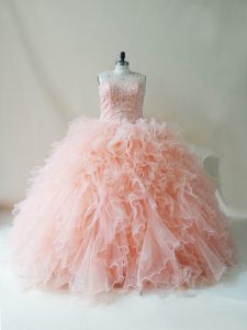 Peach Lace Up 15 Quinceanera Dress Beading and Ruffles Sleeveless Floor Length
