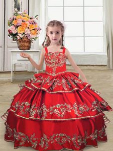 Fashion Satin Sleeveless Floor Length Little Girl Pageant Gowns and Embroidery and Ruffled Layers