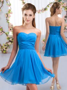 Colorful Baby Blue Chiffon Lace Up Sweetheart Sleeveless Mini Length Wedding Party Dress Ruching