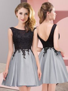 Grey Zipper Scoop Lace Bridesmaid Gown Satin Sleeveless