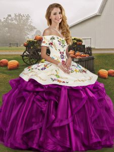 Organza Off The Shoulder Sleeveless Lace Up Embroidery and Ruffles Quince Ball Gowns in White And Purple