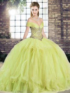 Inexpensive Yellow Green Lace Up Off The Shoulder Beading and Ruffles Sweet 16 Dresses Tulle Sleeveless