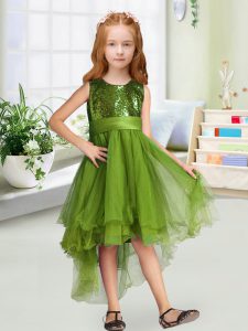 Scoop Sleeveless Toddler Flower Girl Dress High Low Sequins and Bowknot Olive Green Organza