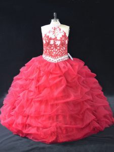 Elegant Red Backless Halter Top Beading and Lace Sweet 16 Dresses Organza Sleeveless