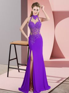 Latest Purple Sleeveless Floor Length Beading Backless Dress Like A Star