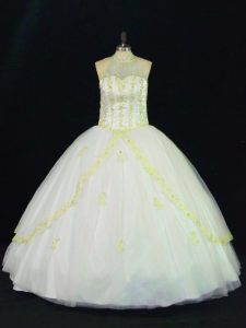 Yellow And White Tulle Lace Up Quinceanera Gowns Sleeveless Floor Length Appliques