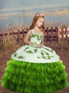 Charming Green Organza Lace Up Kids Formal Wear Sleeveless Floor Length Embroidery and Ruffled Layers