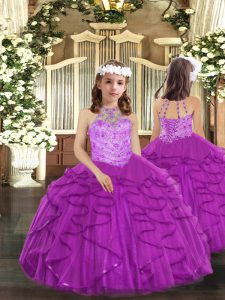 Perfect Purple Ball Gowns Tulle Halter Top Sleeveless Beading and Ruffles Floor Length Lace Up Little Girls Pageant Dress