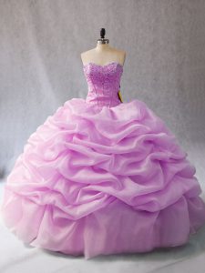 Hot Sale Lilac Lace Up Sweetheart Pick Ups Quinceanera Dress Organza Sleeveless