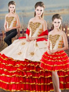 Best Selling Floor Length White And Red 15 Quinceanera Dress Satin Sleeveless Beading and Ruffled Layers