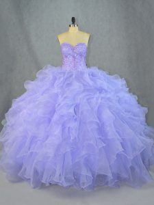 Floor Length Lavender Quinceanera Gown Organza Sleeveless Beading and Ruffles
