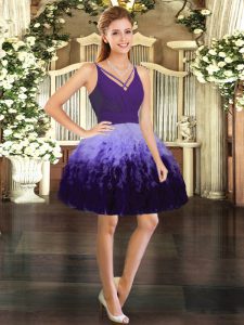 Glittering V-neck Sleeveless Prom Evening Gown Mini Length Ruffles Multi-color Tulle