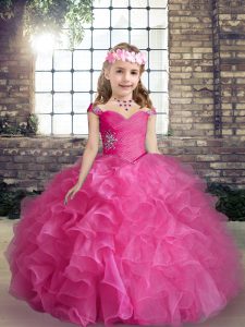 Excellent Sleeveless Organza Floor Length Lace Up Kids Pageant Dress in Hot Pink with Beading and Ruffles