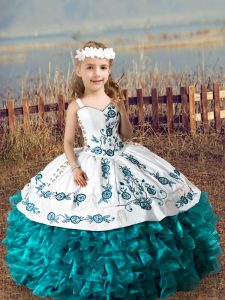 Floor Length Teal Pageant Gowns For Girls Organza Sleeveless Embroidery and Ruffles