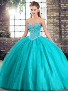 Delicate Aqua Blue Ball Gowns Sweetheart Sleeveless Tulle Brush Train Lace Up Beading 15th Birthday Dress