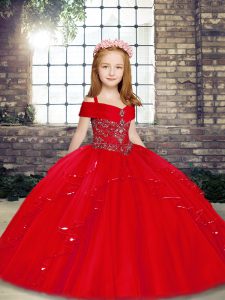 Amazing Beading Pageant Dress for Teens Red Lace Up Sleeveless Floor Length