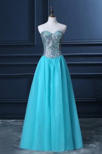 High End Tulle Sweetheart Sleeveless Zipper Beading Pageant Dress for Teens in Aqua Blue