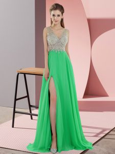 Simple Sleeveless Beading Zipper Celebrity Dresses with Green Sweep Train