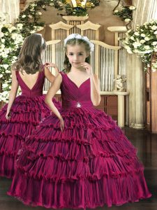 Fuchsia Ball Gowns V-neck Sleeveless Floor Length Backless Beading and Ruffled Layers Girls Pageant Dresses