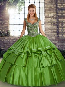 Customized Floor Length Lace Up Quince Ball Gowns Green for Military Ball and Sweet 16 and Quinceanera with Beading and Ruffled Layers