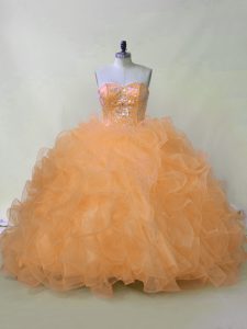 Fabulous Orange Lace Up Quinceanera Gown Beading and Ruffles Sleeveless