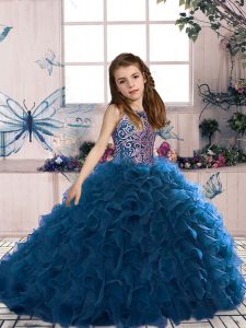 Amazing Ball Gowns Pageant Dress for Womens Navy Blue Scoop Organza Sleeveless Floor Length Lace Up