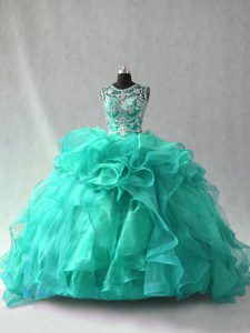 Elegant Scoop Sleeveless Sweet 16 Dresses Floor Length Beading and Ruffles Turquoise Organza