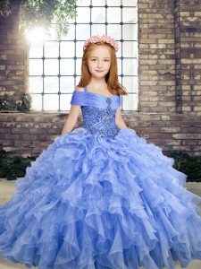 Straps Sleeveless Little Girl Pageant Gowns Floor Length Beading and Ruffles Blue Organza