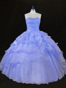 Sexy Sleeveless Floor Length Ruffles and Hand Made Flower Lace Up Sweet 16 Dress with Blue and Lavender