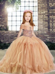 Sweet Ball Gowns Little Girls Pageant Gowns Champagne Straps Tulle Sleeveless Floor Length Lace Up