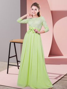 Yellow Green 3 4 Length Sleeve Lace and Belt Floor Length Quinceanera Court Dresses
