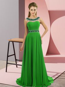 Green Sleeveless Brush Train Beading Prom Evening Gown