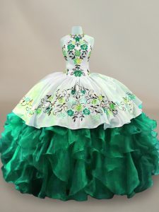 Top Selling Floor Length Dark Green 15th Birthday Dress Organza Sleeveless Embroidery