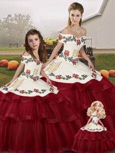 Exquisite Sleeveless Tulle Brush Train Lace Up 15th Birthday Dress in Wine Red with Embroidery and Ruffled Layers