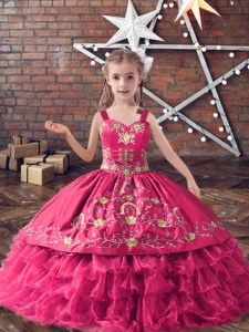 Satin and Organza Sleeveless Floor Length Little Girls Pageant Dress Wholesale and Embroidery and Ruffled Layers