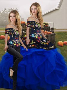 Luxury Blue And Black Off The Shoulder Neckline Embroidery and Ruffles Quince Ball Gowns Sleeveless Lace Up