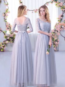 Grey Half Sleeves Floor Length Lace and Belt Side Zipper Bridesmaid Dresses