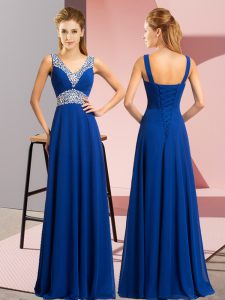 Flirting Sleeveless Floor Length Beading Lace Up Prom Dresses with Royal Blue