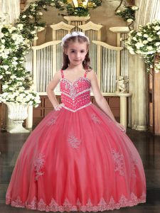 Watermelon Red Sleeveless Floor Length Beading and Appliques Lace Up Pageant Dress