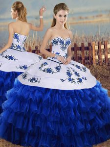 Floor Length Lace Up 15th Birthday Dress Royal Blue for Military Ball and Sweet 16 with Embroidery and Ruffled Layers