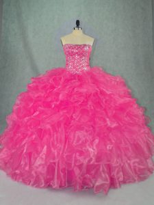 Floor Length Lace Up Sweet 16 Quinceanera Dress Hot Pink for Sweet 16 and Quinceanera with Beading and Ruffles