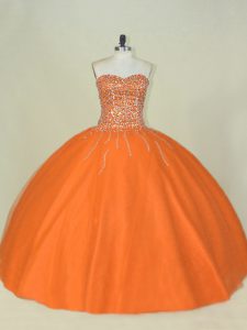 Smart Orange Mermaid Tulle Sweetheart Sleeveless Beading Floor Length Lace Up Sweet 16 Dresses