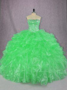 Green Strapless Lace Up Beading and Ruffles Quinceanera Gown Sleeveless