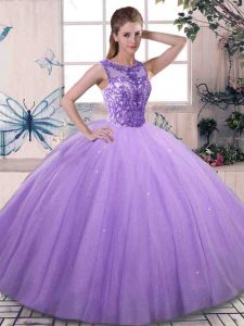 Ball Gowns Sweet 16 Dress Lavender Scoop Tulle Sleeveless Floor Length Lace Up