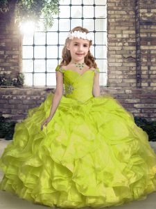 Modern Yellow Green Lace Up Spaghetti Straps Beading and Ruffles and Ruching Child Pageant Dress Organza Sleeveless