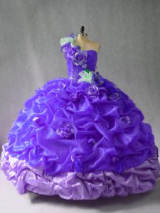 Sexy Purple One Shoulder Neckline Pick Ups and Hand Made Flower Quince Ball Gowns Sleeveless Lace Up
