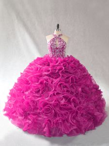 Fuchsia Lace Up Ball Gown Prom Dress Beading and Ruffles Sleeveless Brush Train