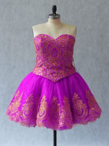 Flirting Fuchsia Ball Gowns Tulle Sweetheart Sleeveless Appliques and Embroidery Mini Length Lace Up Prom Party Dress